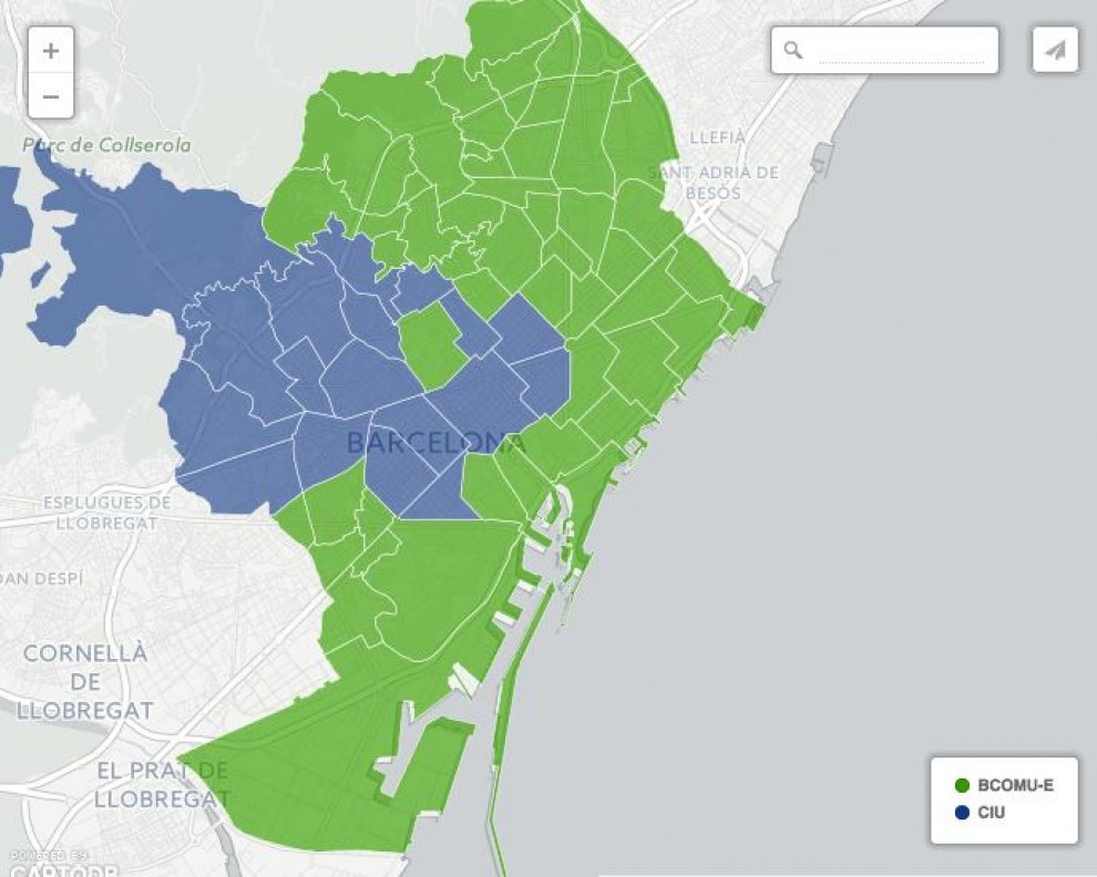 Mapa interactiu amb els percentatges de vot de cada partit als barris de Barcelona
