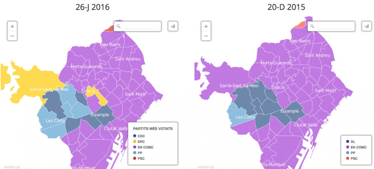 Mapes dels partits més votats a Barcelona per barris el 26-J i el 20-D