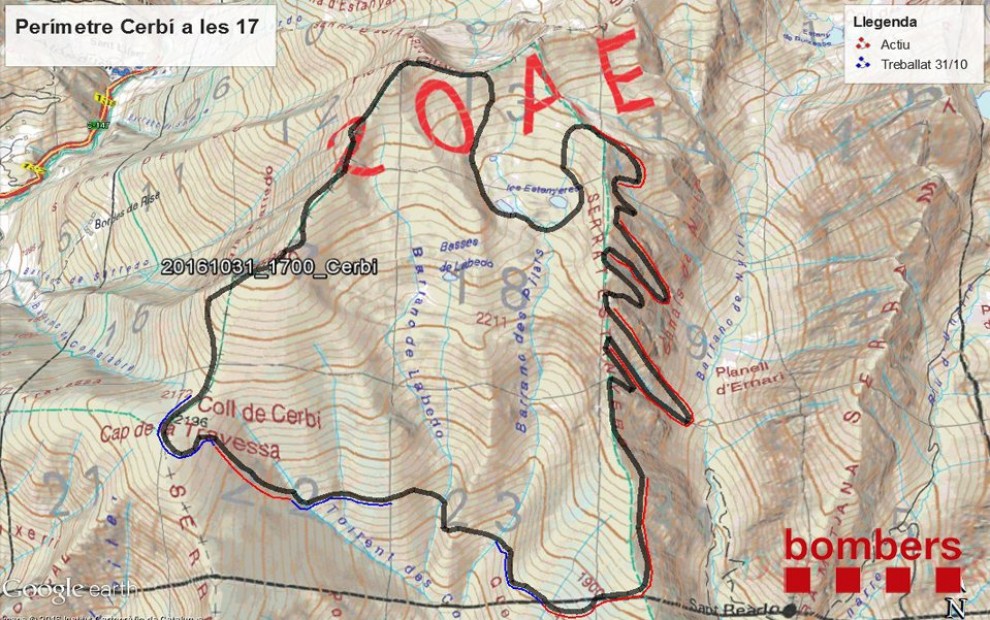 Mapa amb l'avanç de la feina dels Bombers durant la jornada de dilluns