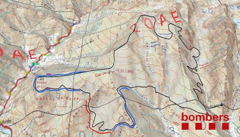 Mapa amb l'avanç de la feina dels Bombers durant la jornada de dijous