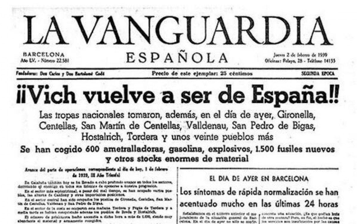 Portada de «La Vanguardia», 02/02/1939