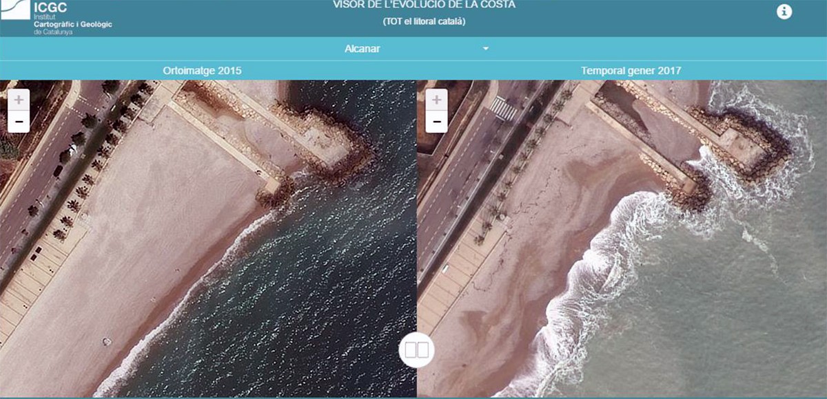 El visor permet comparar la línia de la costa al 2015 i la del passat 24 de gener.