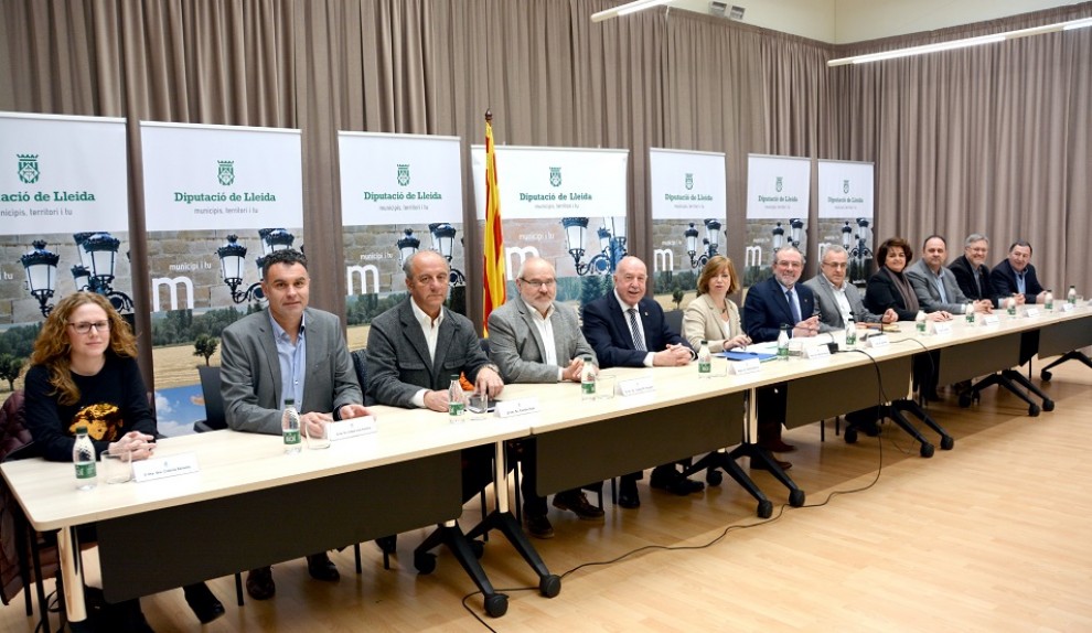Els presidents dels consells comarcals, amb Reñé i Borràs, aquest divendres a Lleida