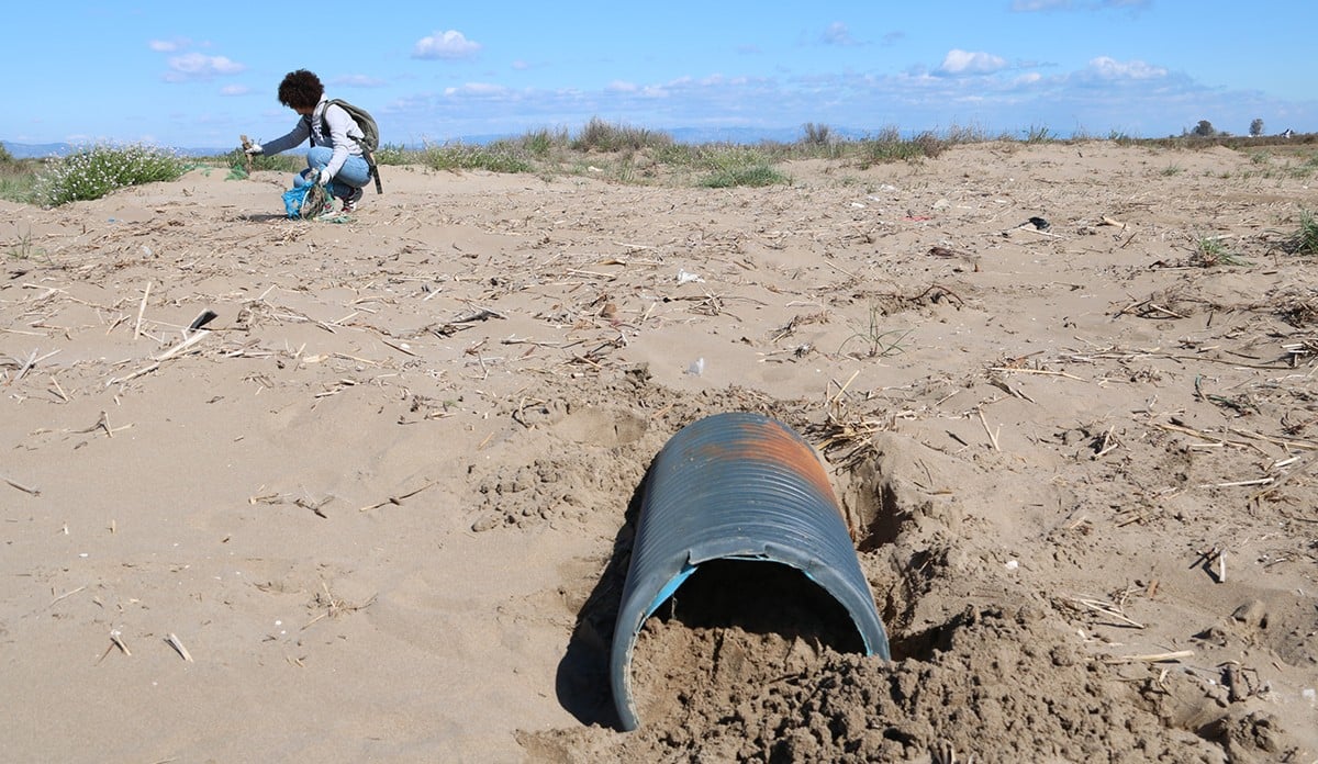 Una voluntària recull brossa en segon pla. En primer platja dels Eucaliptus, un tub de plàstic. 