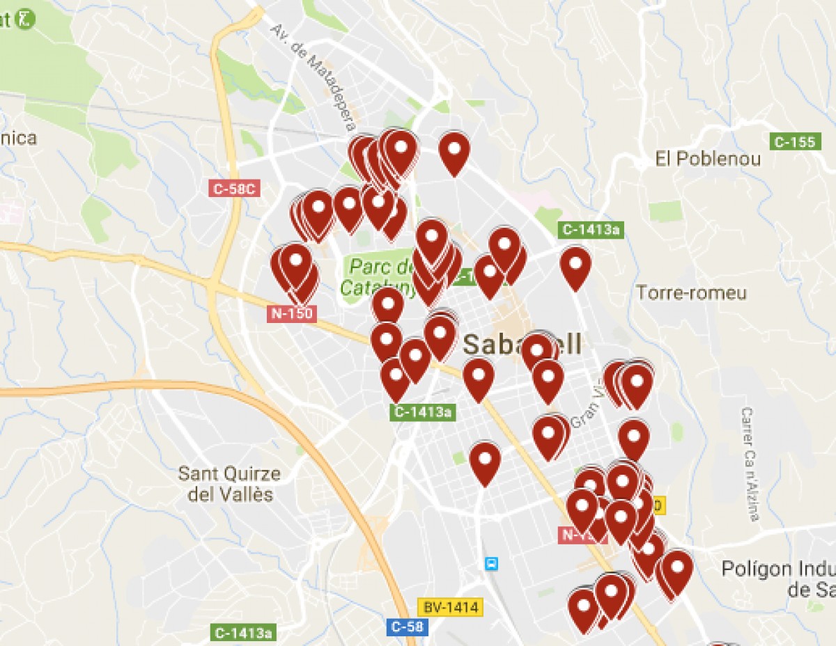 Mapa amb els elements franquistes encara presents a Sabadell