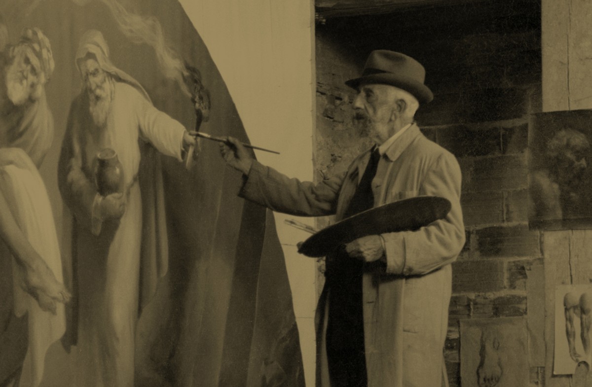 Manuel Puig Genís pintant les pintures a l'església de Santa Creu al seu taller de Vic