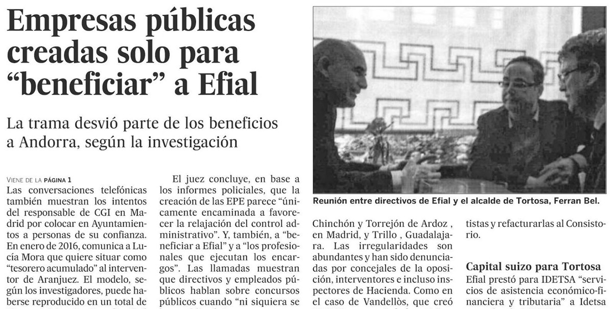 Informació publicada pel País on s'observa l'alcalde de Tortosa, Ferran Bel, reunit amb directius d'Efial en un restaurant de Barcelona. 