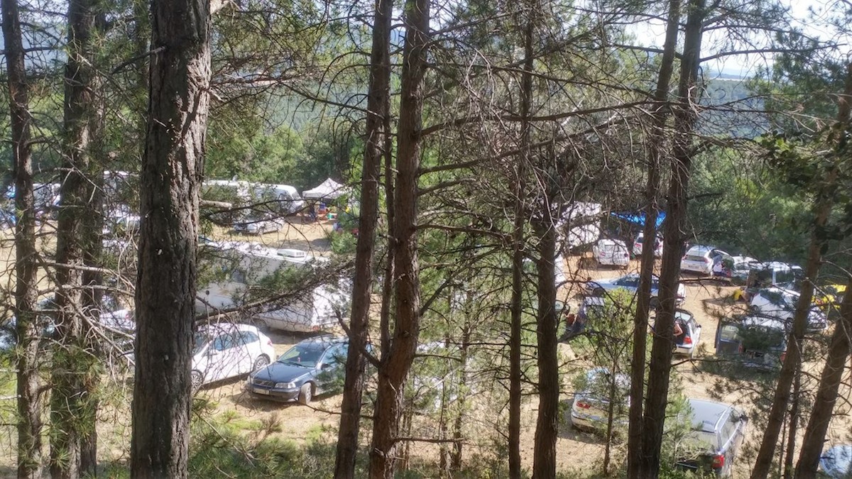 Desenes de cotxes aparcats en una zona boscosa propera a l'indret on se celebrava la festa