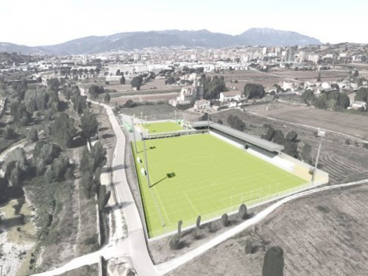 Imatge virtual de com serà el nou camp de futbol que es construirà a sobre de l'actual, a Palou.