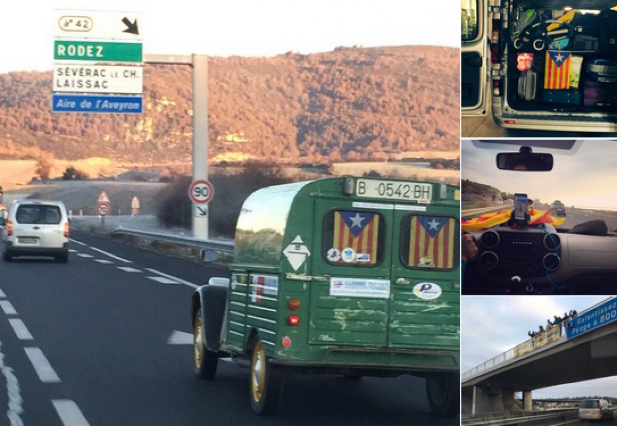 Un grup de nord-catalans donant suport als cotxes que es dirigeixen cap a Brussel·les