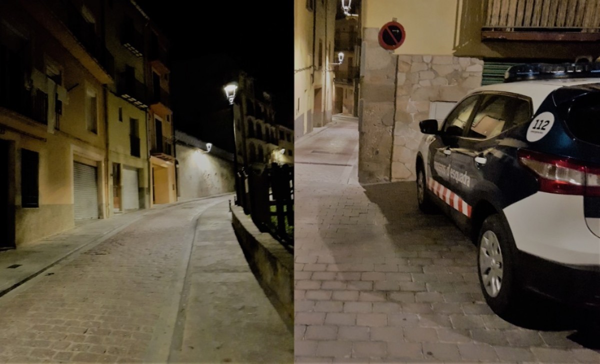 A l'esquerra, carrer de la Pietat on van succeir els fets. A la dreta, vehicle dels Mossos d'Esquadra aquesta matinada al nucli antic de Berga. 