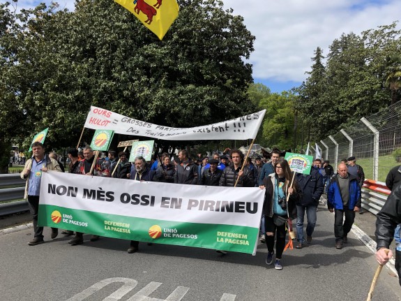 Unió de Pagesos s'ha manifestat a Pau amb amb una pancarta en occità que deia: «Non mès ossi en Pirineu».