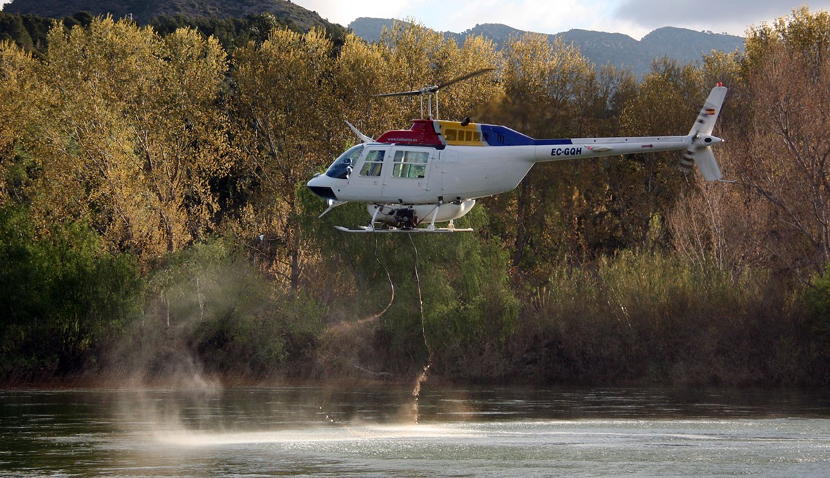 L'helicòpter buida la càrrega d'insecticida biològic BTI al riu Ebre, a l'altura de l'assut de Xerta.