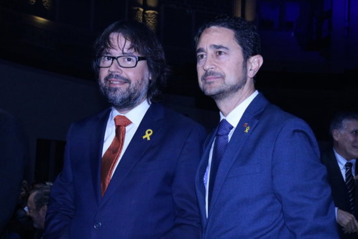 Damià Calvet i Ricard Font a l'acte d'homenatge dels treballadors d'FGC