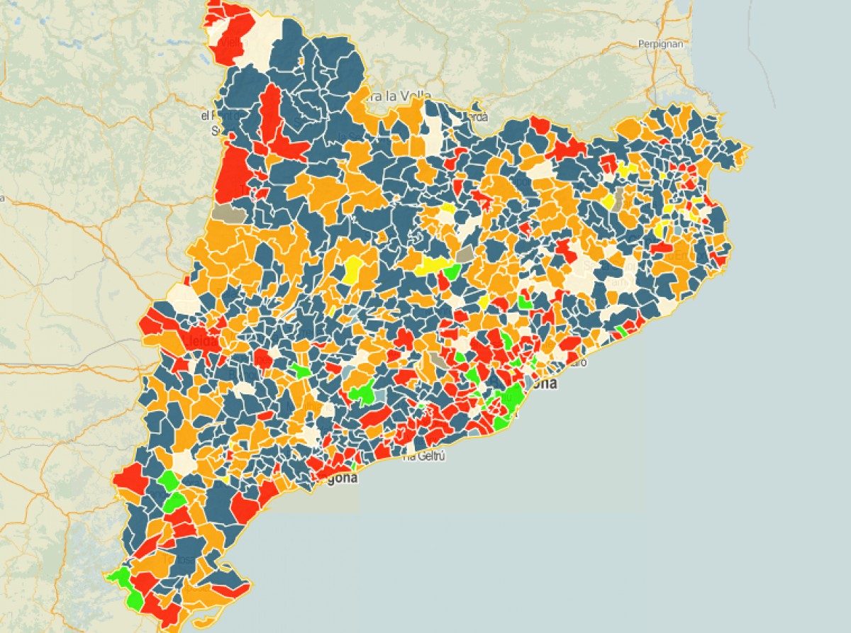 Mapa de Catalunya amb el primer partit de cada municipi pintat.