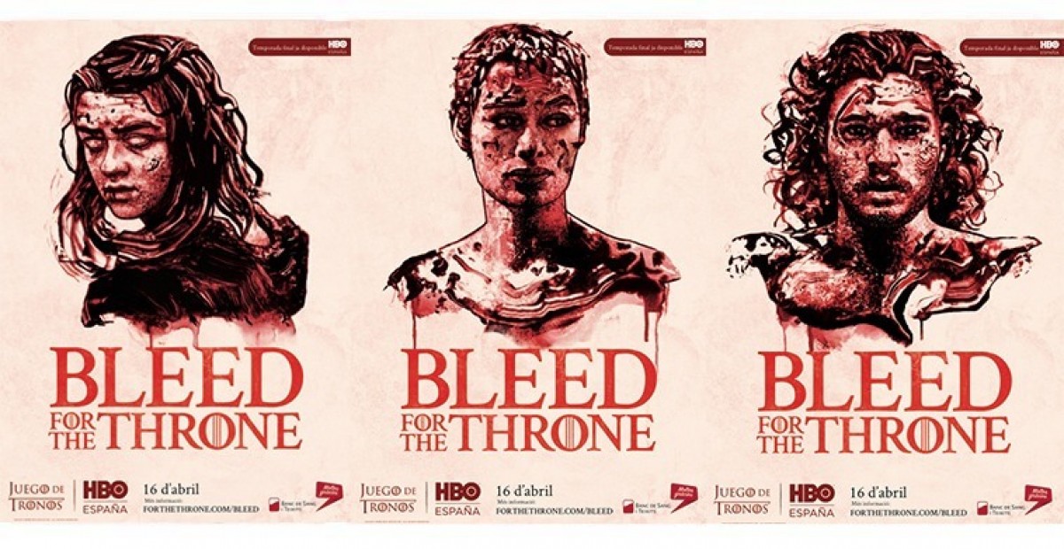 Imatge de la campanya on apareixen Arya, Cersei i Jon Snow plens de sang.