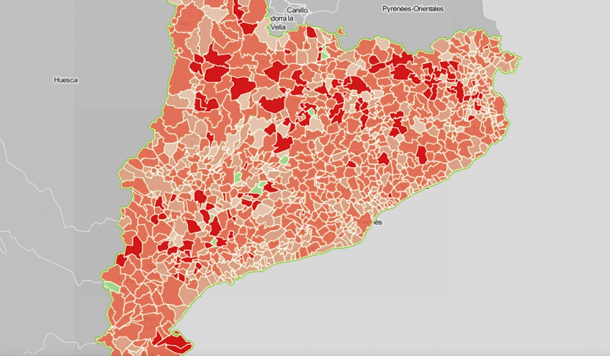 Mapa de Catalunya segons la variació entre votants independentistes el 2017 i el 28-A.
