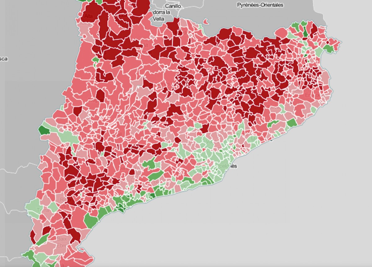 Mapa de Catalunya, segons el suport a la dreta unionista.