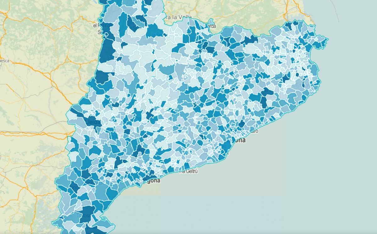 Mapa de Catalunya, en funció de la quantitat de treballadors públics al municipi.