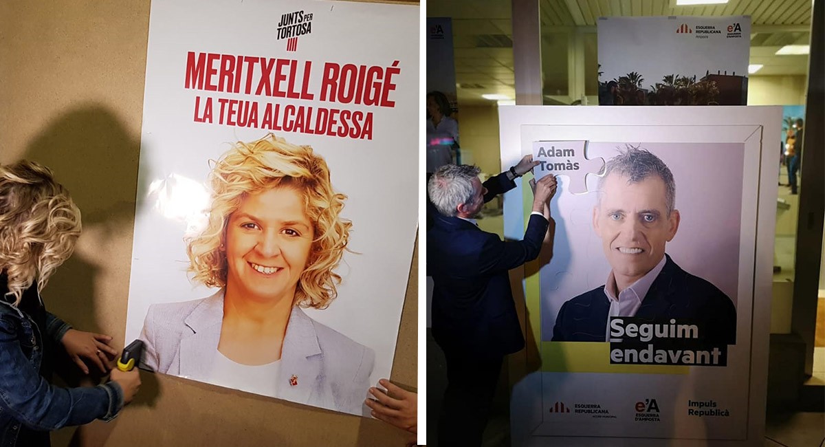 L'alcaldessa de Tortosa, Meritxell Roigé i l'alcalde d'Amposta, Adam Tomàs, penjant els seus cartells de campanya