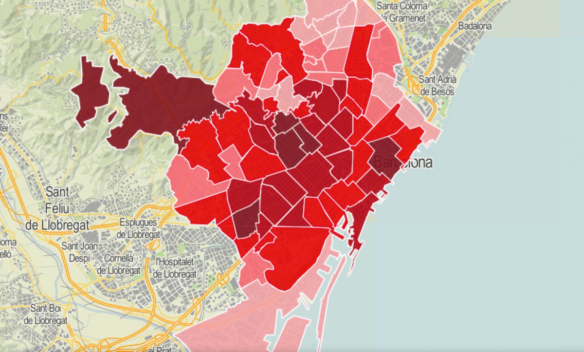 Mapa dels barris de Barcelona, segons el suport a forces independentistes el 2017.