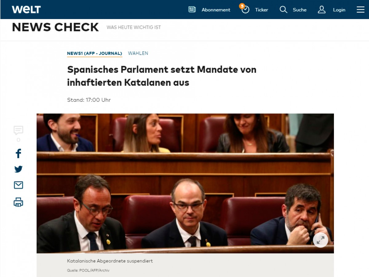 Informació a «Die Welt» sobre la suspensió dels diputats catalans