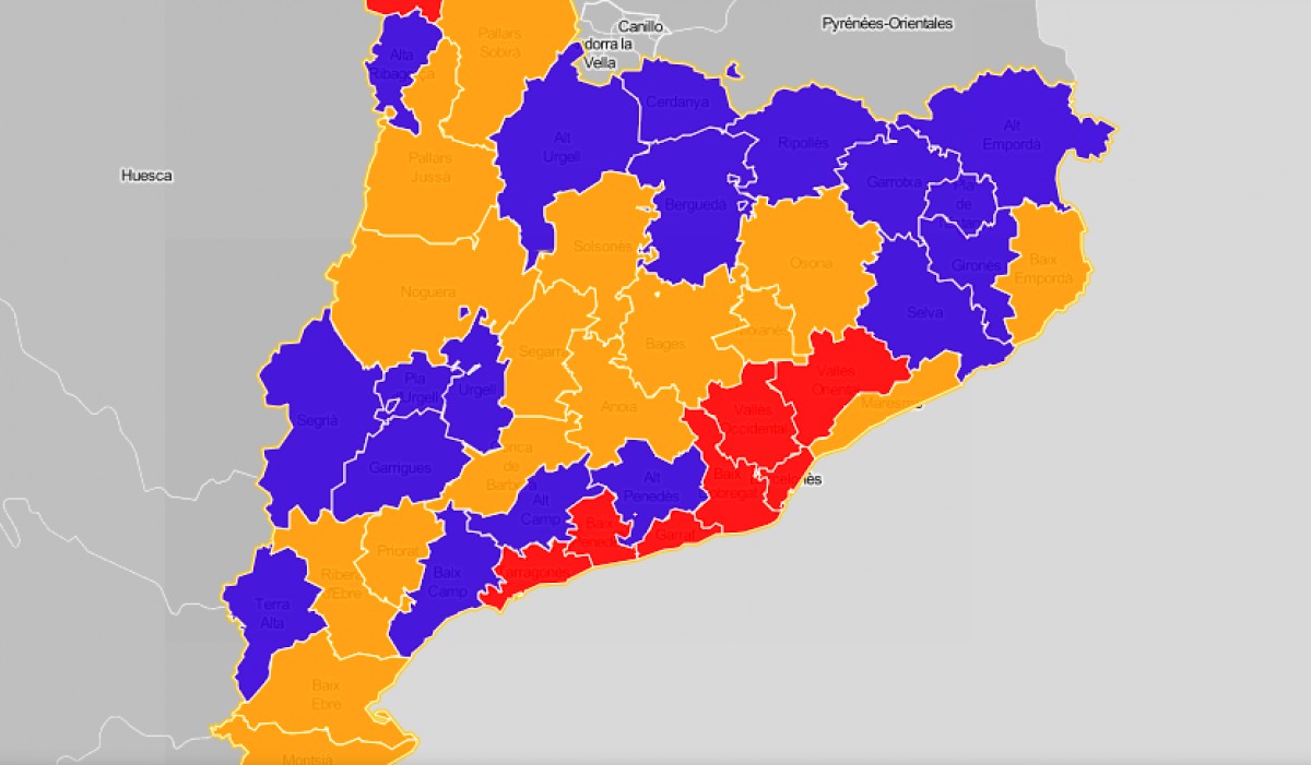 Mapa comarcal de Catalunya, segons la força més votada a les municipals del 2019.