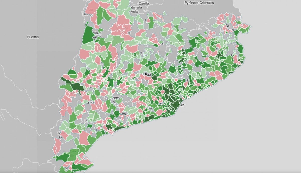 Mapa municipal, en funció del diferencial de vot de JxCat a municipals i europees.