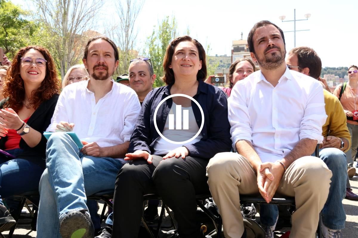 Pablo Iglesias, Ada Colau i Alberto Garzón, en un acte de campanya.