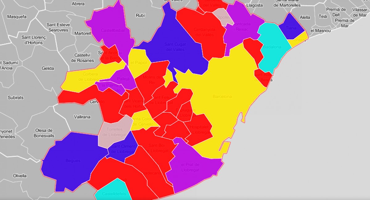Mapa de l'àrea metropolitana de Barcelona, en funció de qui va guanyar les municipals.