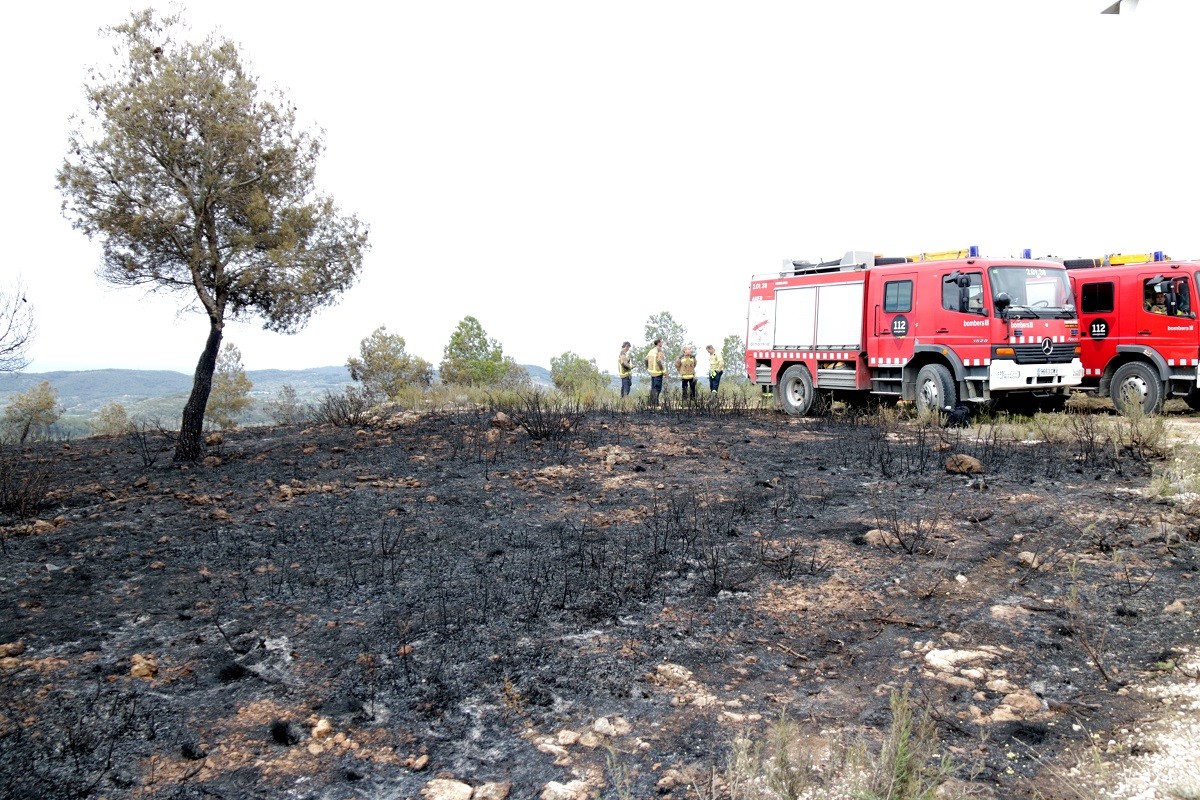 Efectius dels bombers descansant en una zona afectada per l'incendi del Perelló.