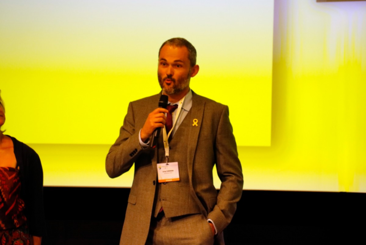 El regidor de medi ambient de l'Ajuntament d'Avià, Josep Subirana, durant l'entrega de premis en el marc de la Setmana Europea de l'Energia Sostenible, a Brussel·les.