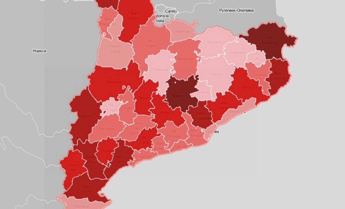 Mapa comarcal de Catalunya, en funció de les hectàrees cremades des del 1999.