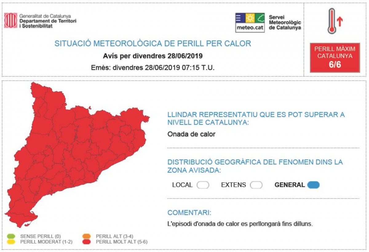 Mapa d'avisos per calor extrema a Catalunya