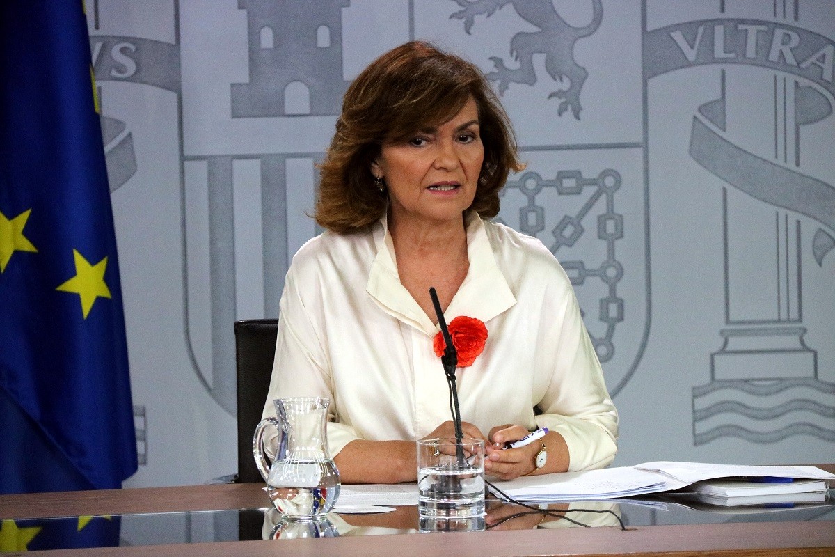 La vicepresidenta del govern espanyol, Carmen Calvo, aquest divendres a la Moncloa