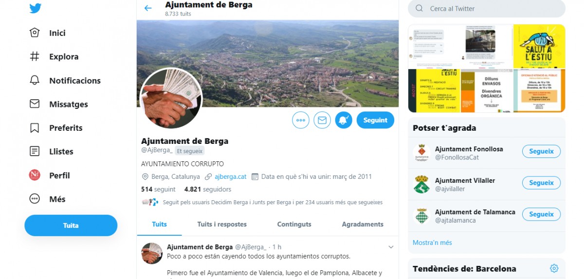 ​«Hackegen» el compte de Twitter de l'Ajuntament de Berga.