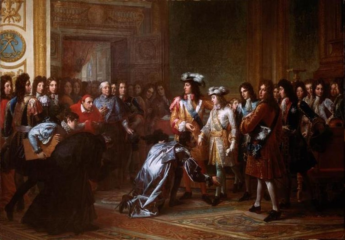 Lluís XIV presentant Felip com a rei d'Espanya a Versalles l'any 1700.