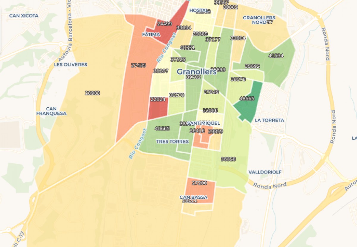 Mapa de la distribució de la renda a Granollers per seccions censals.