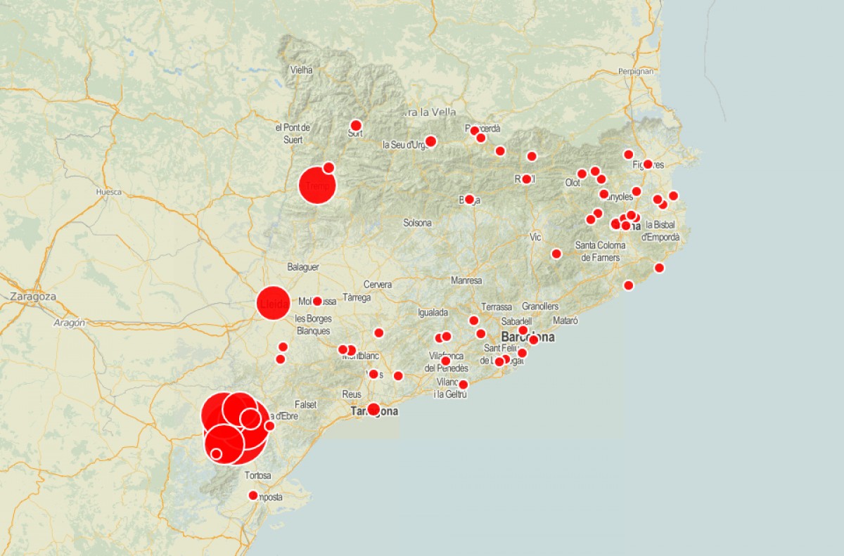 Mapa de Catalunya amb les fosses exhumades amb cossos enviats al Valle de los Caídos