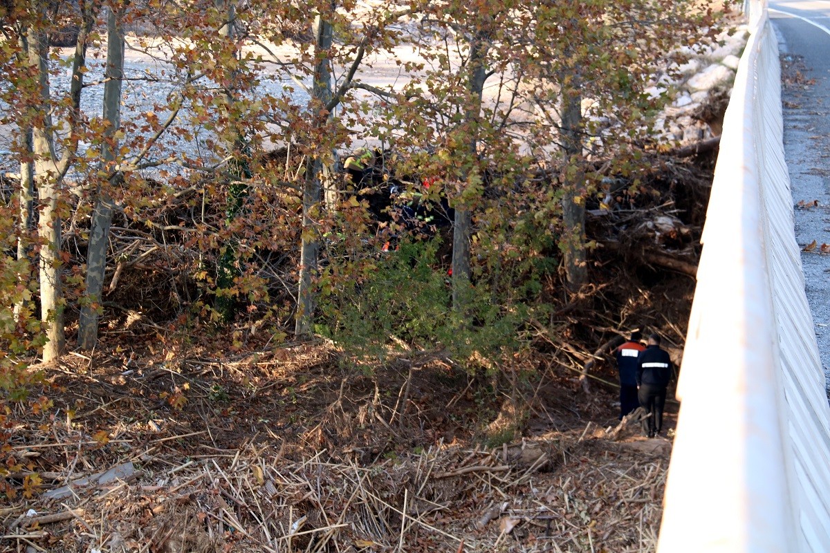Un grup de Bombers treballant entre els arbres, a la llera del riu Francolí, per retirar les despulles localitzades.