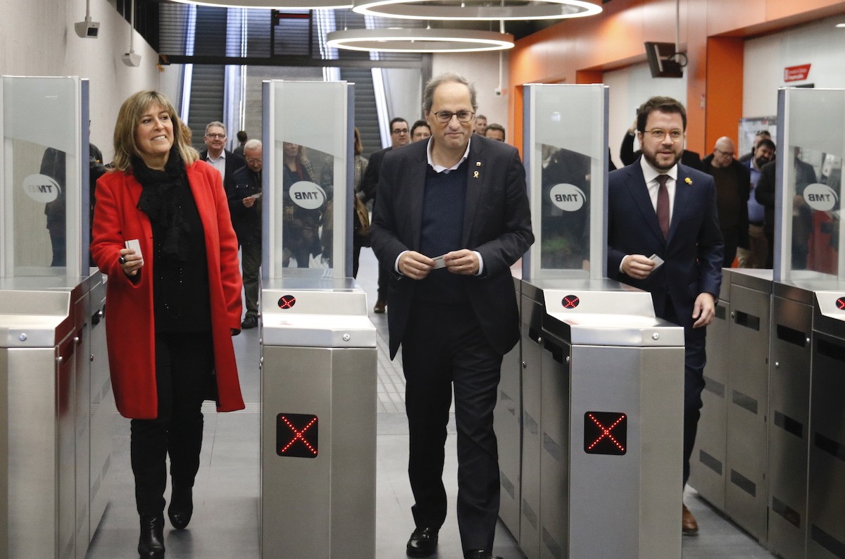 Torra, Aragonès i Marín en la inauguració de l'estació de la L10 de la Ciutat de la Justícia