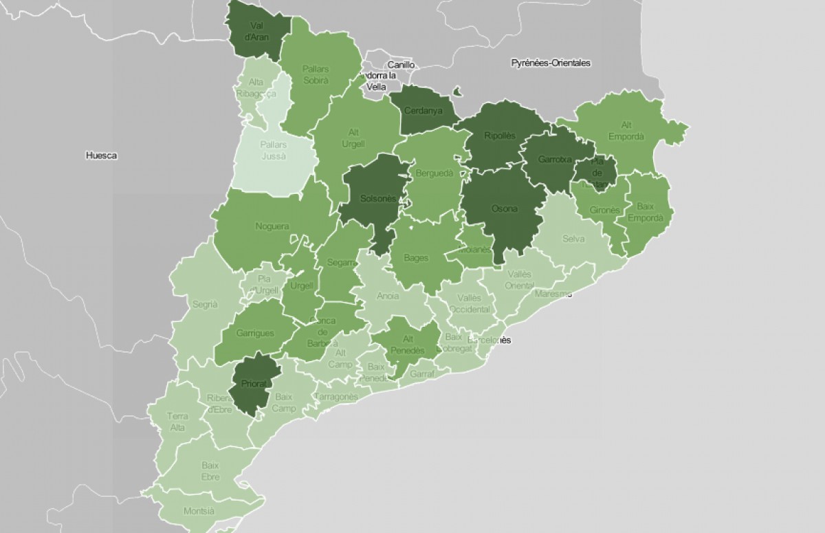 Mapa comarcal, en funció de les diferències de notes en català i castellà a primària.
