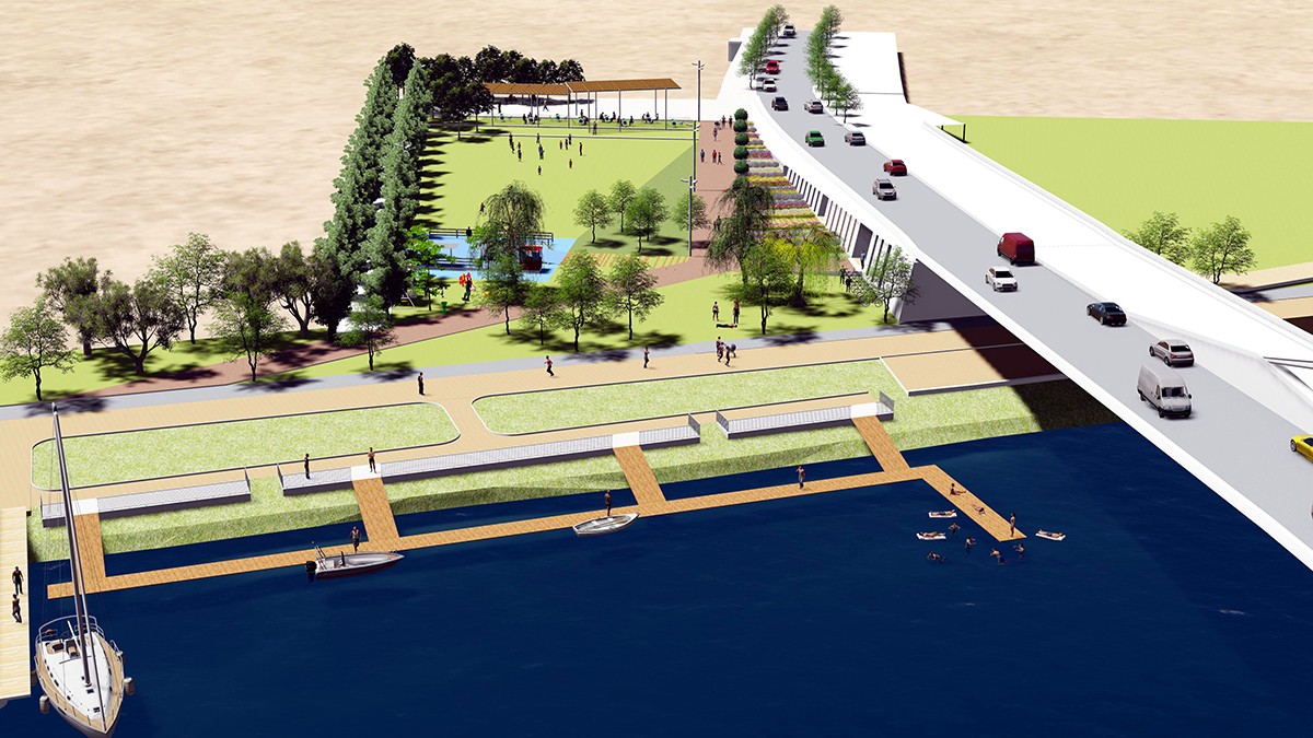 Imatge simulada de com quedarà el nou Parc Fluvial de Deltebre entorn del pont Lo Passador. 
