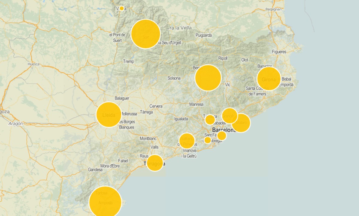 Mapa amb boles en funció del pes del català com a llengua habitual.