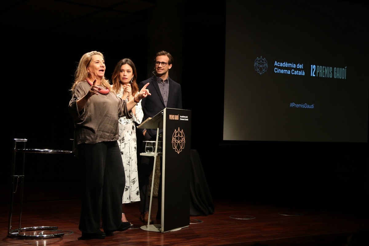Isona Passola, Anna Castillo i Oriol Pla a la roda de premsa dels Premis Gaudí