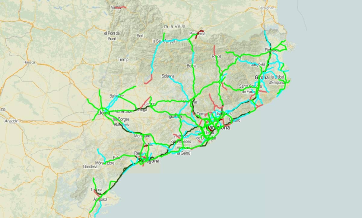 Mapa amb les carreteres catalanes, segons el risc d'accidents greus o mortals.