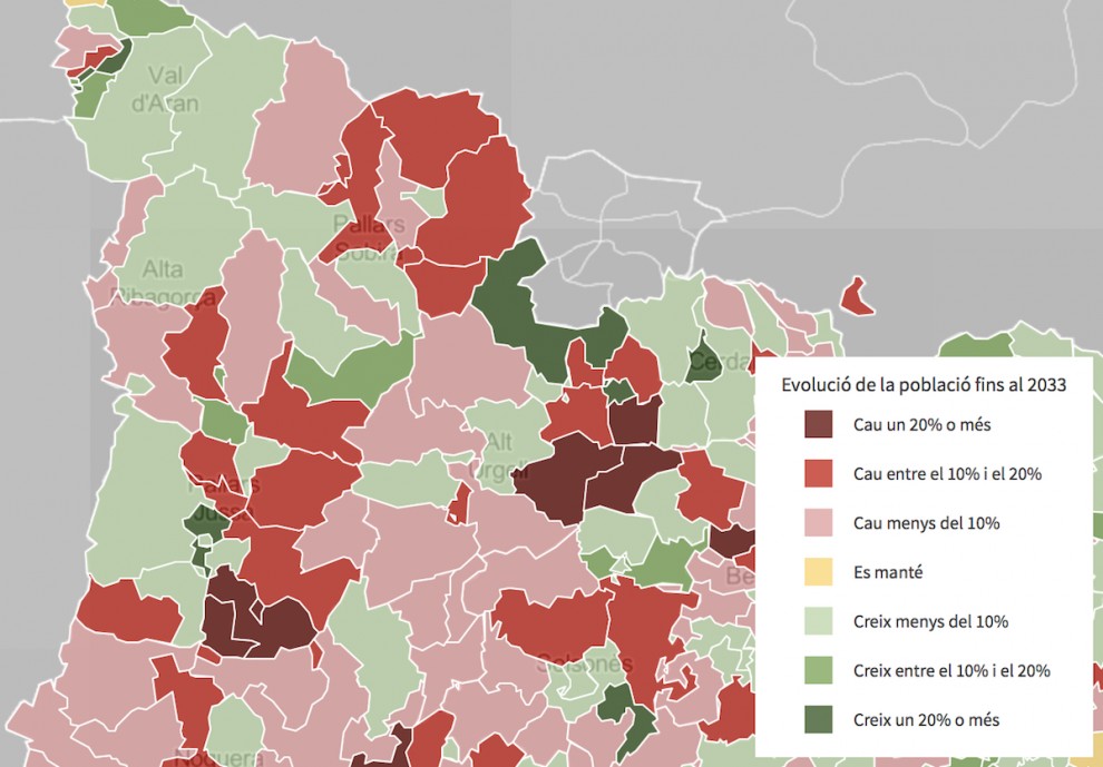 Mapa del Pallars en funció de si perdrà o guanyarà població el 2033