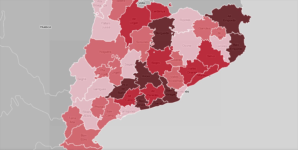 Mapa comarcal, en funció del nivell d'afectació dels ERTO.