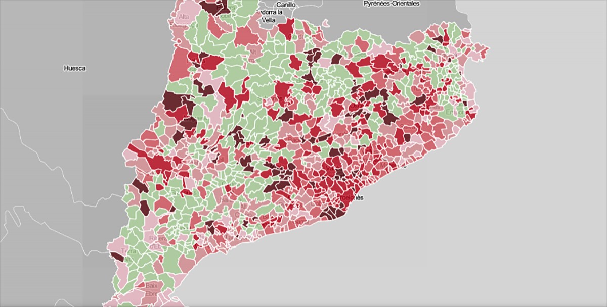 Mapa municipal de Catalunya, en funció dels positius per coronavirus.