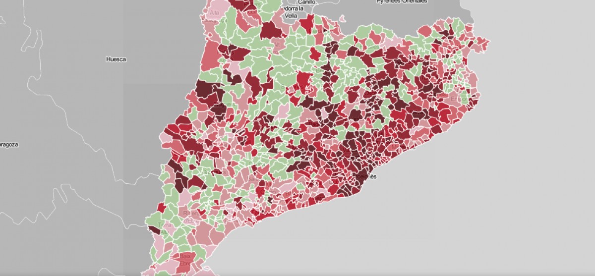 Mapa municipal de Catalunya, en funció dels positius per coronavirus.